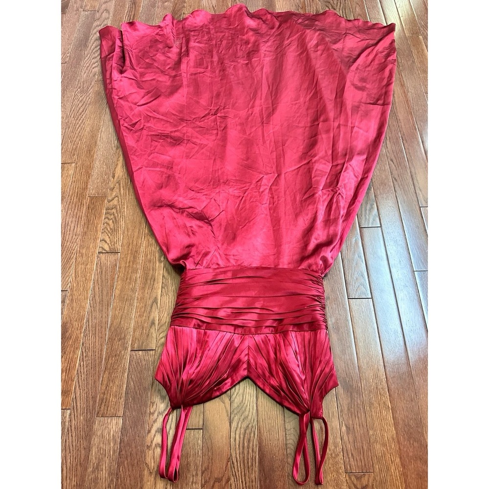 Made in USA Belsoie Red Satin Plunge Feminine Dainty Simple Gown Dress - Picture 9 of 12
